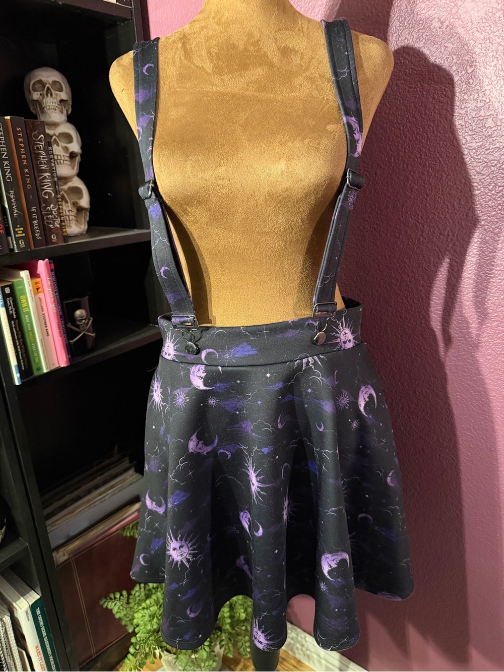 Hot Topic Black & Purple Celestial Suspender Skirt